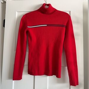 Tommy Hilfiger Red Turtleneck Ribbed Sweater with Iconic Stripe